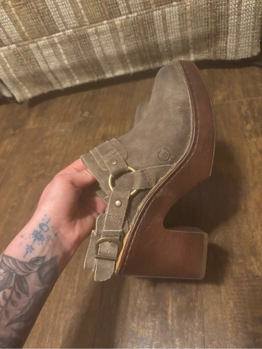 Born Taupe Suede Clog Mules with Buckle Strap
